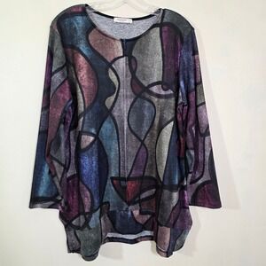 Jess & Jane Women Shirt Soft Abstract Melody Stained Glass Print Tunic Top Large